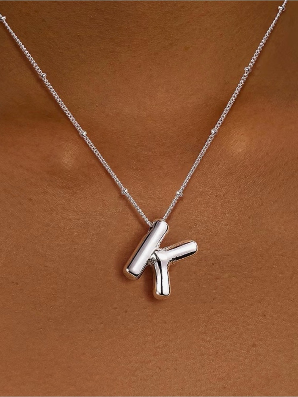 Sterling Silver 'K' Initial Pendant Necklace - Silver